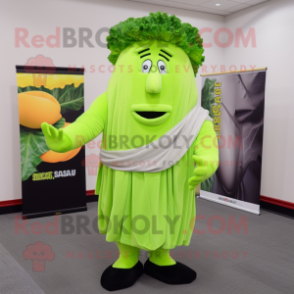 Lime Green Caesar Salad mascot costume character dressed with a Suit and Shawl pins