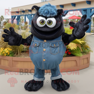 Black Crab Cakes mascot costume character dressed with a Denim Shirt and Mittens