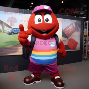 Maroon Rainbow mascot costume character dressed with a Cargo Shorts and Messenger bags