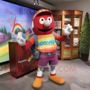 Maroon Rainbow mascot costume character dressed with a Cargo Shorts and Messenger bags