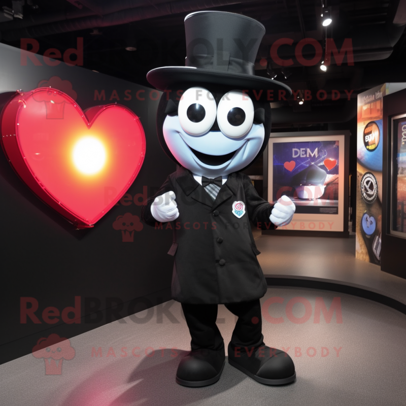 Black Heart mascot costume character dressed with a Suit Pants and Hat pins