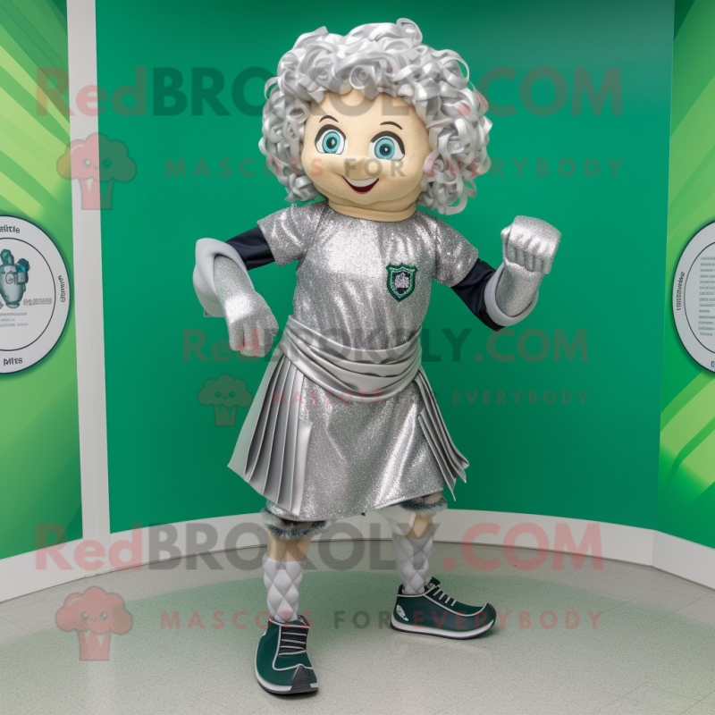 Silver Irish Dancer mascot costume character dressed with a Running Shorts and Shawls