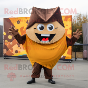 Brown Nachos mascot costume character dressed with a Sweatshirt and Headbands