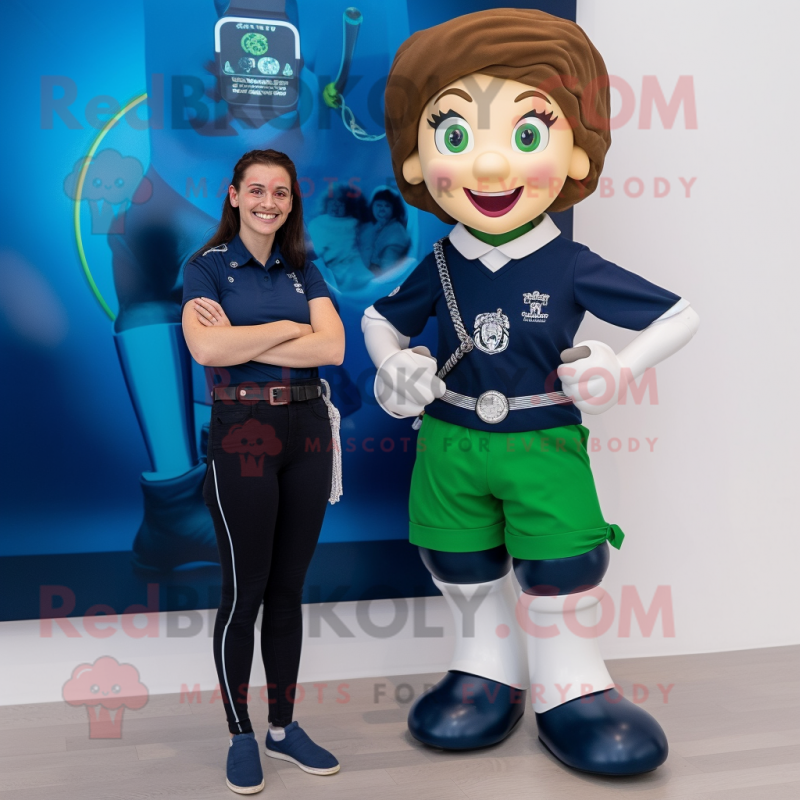 Navy Irish Dancer mascot costume character dressed with a T-Shirt and Smartwatches