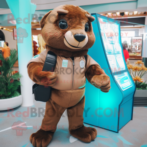 Brown Sea Lion mascot costume character dressed with a Jumpsuit and Wallets