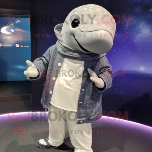 Silver Humpback Whale mascot costume character dressed with a Cardigan and Brooches