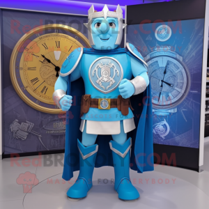 Sky Blue Celtic Shield mascot costume character dressed with a Sweatshirt and Digital watches