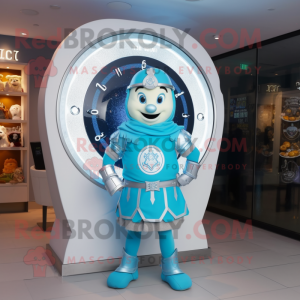 Sky Blue Celtic Shield mascot costume character dressed with a Sweatshirt and Digital watches