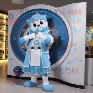 Sky Blue Celtic Shield mascot costume character dressed with a Sweatshirt and Digital watches