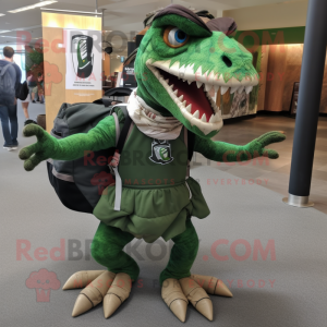 Forest Green Utahraptor mascot costume character dressed with a Wrap Skirt and Backpacks