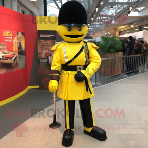 Lemon Yellow British Royal Guard mascot costume character dressed with a Biker Jacket and Shoe laces