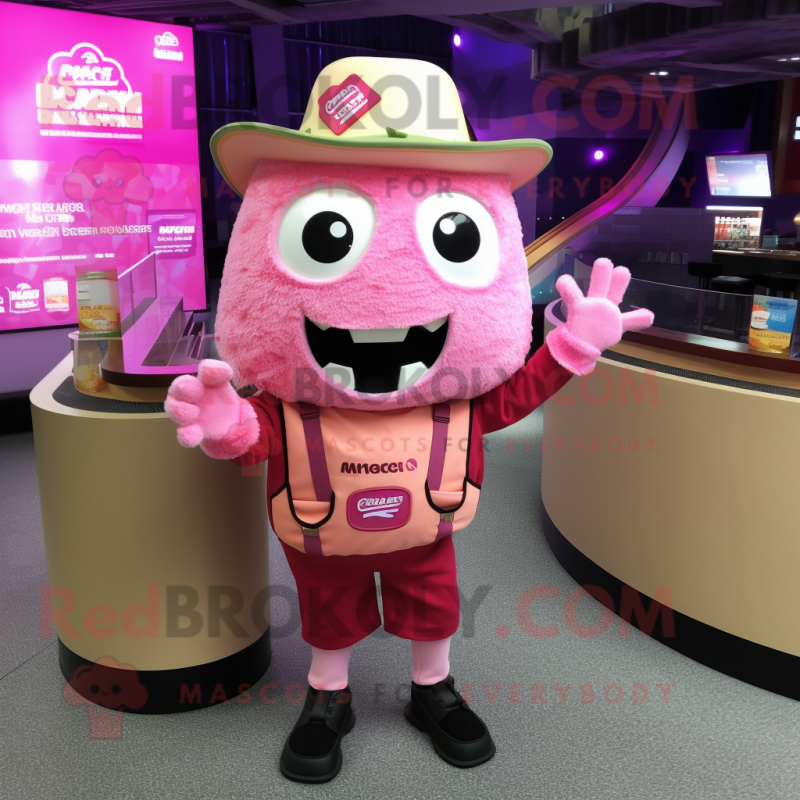 Pink Nachos mascot costume character dressed with a Chinos and Suspenders