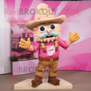 Pink Nachos mascot costume character dressed with a Chinos and Suspenders