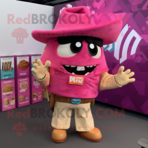 Pink Nachos mascot costume character dressed with a Chinos and Suspenders