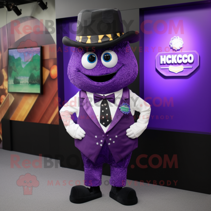 Purple Nachos mascot costume character dressed with a Waistcoat and Tie pins