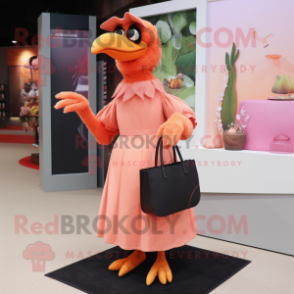 Peach Crow mascot costume character dressed with a Dress and Clutch bags