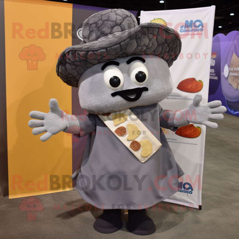 Gray Nachos mascot costume character dressed with a Dress Shirt and Mittens