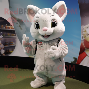 White Chinchilla mascot costume character dressed with a Skinny Jeans and Rings