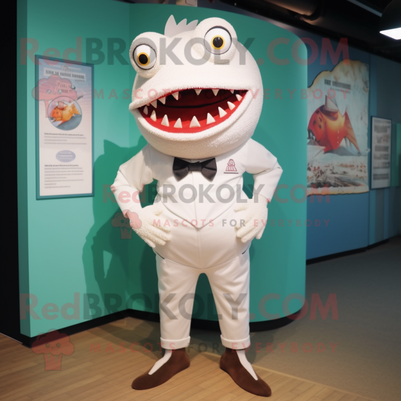 White Piranha mascot costume character dressed with a Playsuit and Tie ...