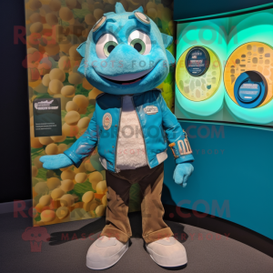 Turquoise Cod mascot costume character dressed with a Leather Jacket and Coin purses