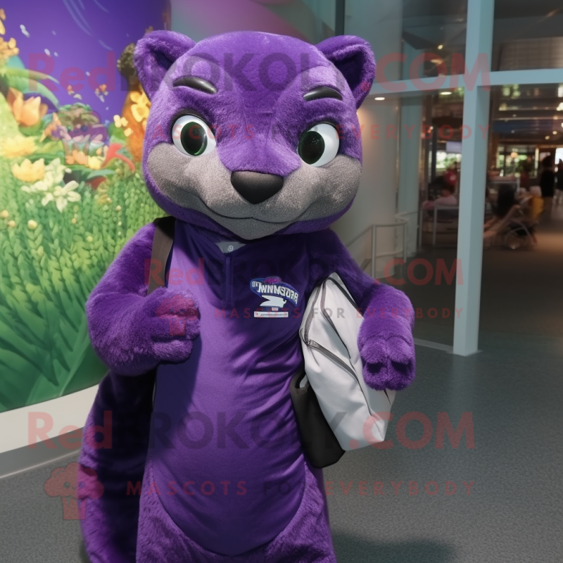Purple Jaguarundi mascot costume character dressed with a Evening Gown and Backpacks
