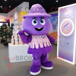 Purple Candy Box mascot costume character dressed with a Blouse and Gloves