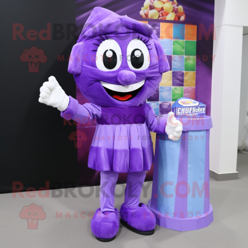 Purple Candy Box mascot costume character dressed with a Blouse and Gloves