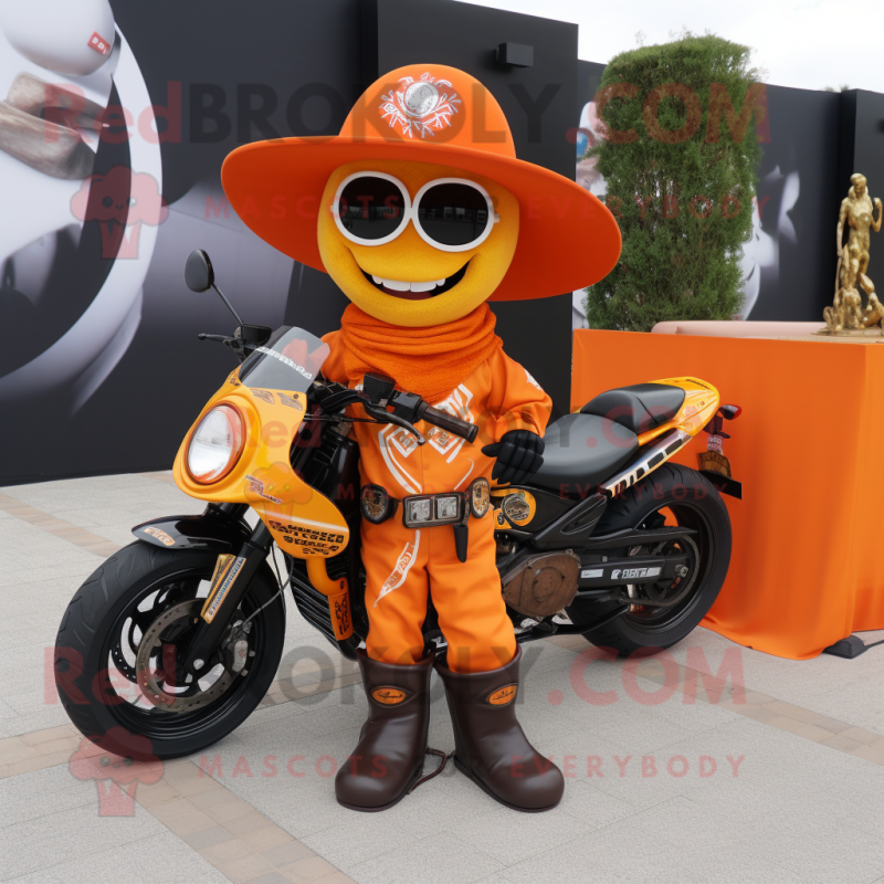 Orange Fajitas mascot costume character dressed with a Moto Jacket and Keychains