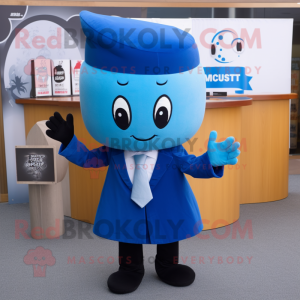 Blue Miso Soup mascot costume character dressed with a Suit and Headbands