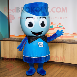 Blue Miso Soup mascot costume character dressed with a Suit and Headbands