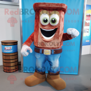 Rust Candy Box mascot costume character dressed with a Boyfriend Jeans and Belts