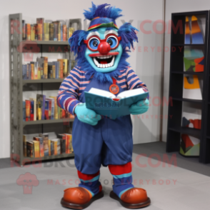 Blue Evil Clown mascot costume character dressed with a Cargo Pants and Reading glasses