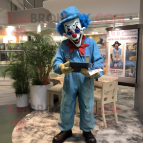 Blue Evil Clown mascot costume character dressed with a Cargo Pants and Reading glasses
