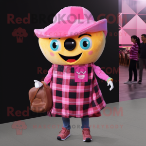 Pink Nachos mascot costume character dressed with a Flannel Shirt and Handbags