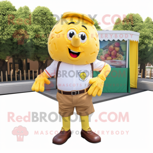 Yellow Meatballs mascot costume character dressed with a Cargo Shorts and Pocket squares