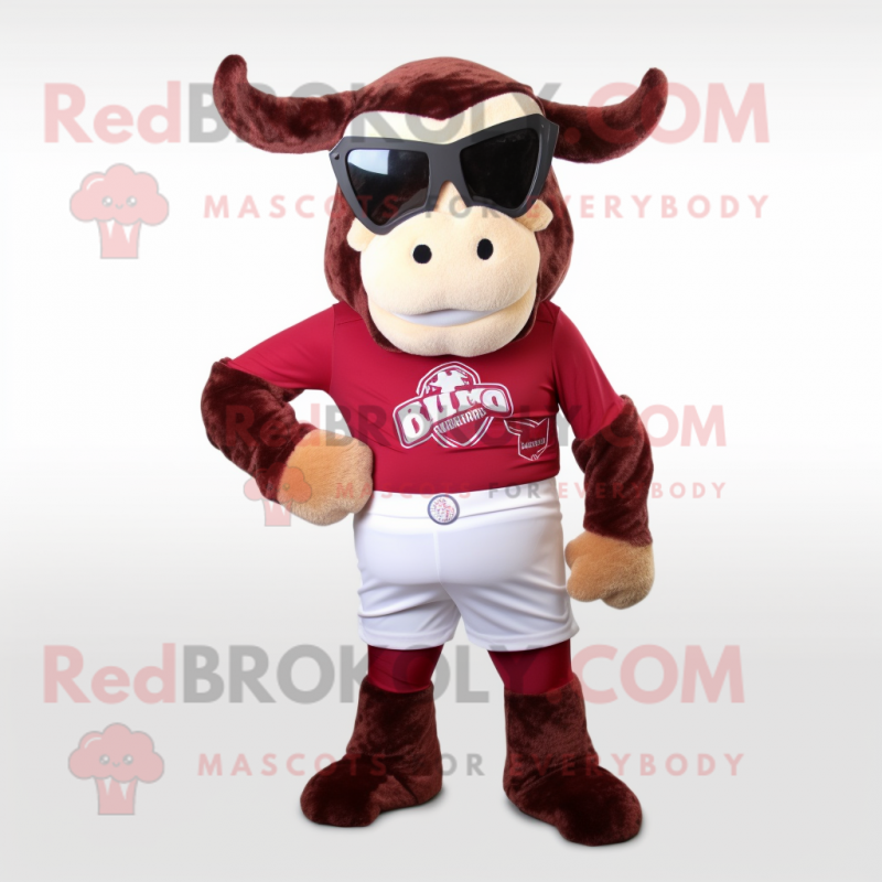 Maroon Beef Stroganoff mascot costume character dressed with a Mini Skirt and Sunglasses