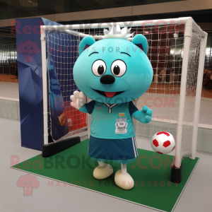 Teal Soccer Goal mascot costume character dressed with a Corduroy Pants and Clutch bags