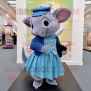 Blue Dormouse mascot costume character dressed with a Pleated Skirt and Backpacks