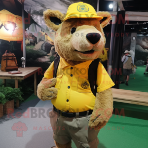 Yellow Wild Boar mascot costume character dressed with a Cargo Shorts and Hat pins