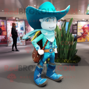 Turquoise Cowboy mascot costume character dressed with a Leggings and Backpacks