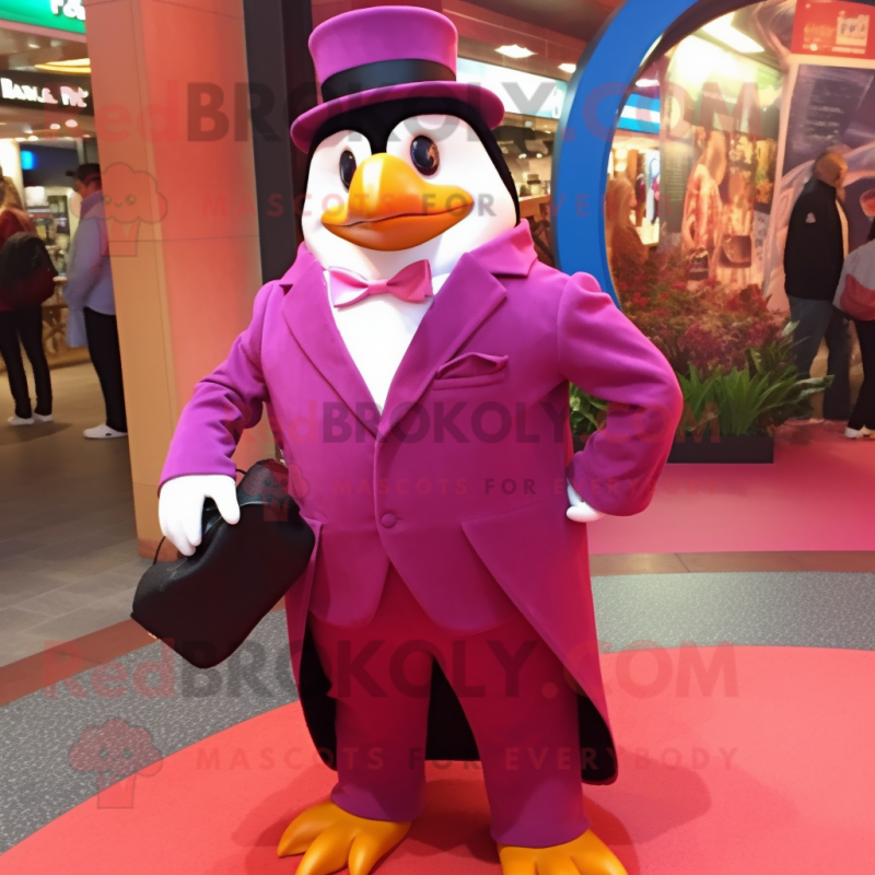 Magenta Penguin mascot costume character dressed with a Suit Jacket and  Clutch bags - Mascot Costumes -  Sizes L (175-180CM)