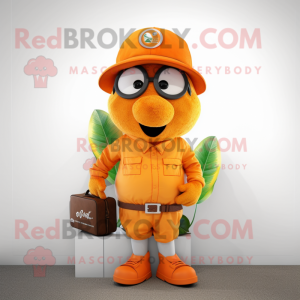 Orange Mango mascot costume character dressed with a Cargo Shorts and Berets