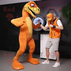 Orange Velociraptor mascot costume character dressed with a Capri Pants and  Smartwatches - Mascot Costumes -  Sizes L (175-180CM)