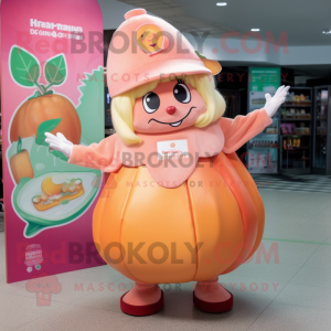 Peach Ceviche mascot costume character dressed with a Circle Skirt and Tote bags