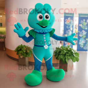 Turquoise Bunch Of Shamrocks mascot costume character dressed with a Leggings and Rings