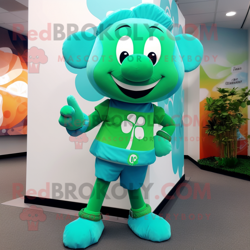 Turquoise Bunch Of Shamrocks mascot costume character dressed with a Leggings and Rings