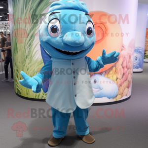 Cyan Salmon mascot costume character dressed with a Chinos and Bracelets