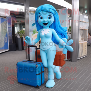 Sky Blue Mermaid mascot costume character dressed with a Jumpsuit and Briefcases