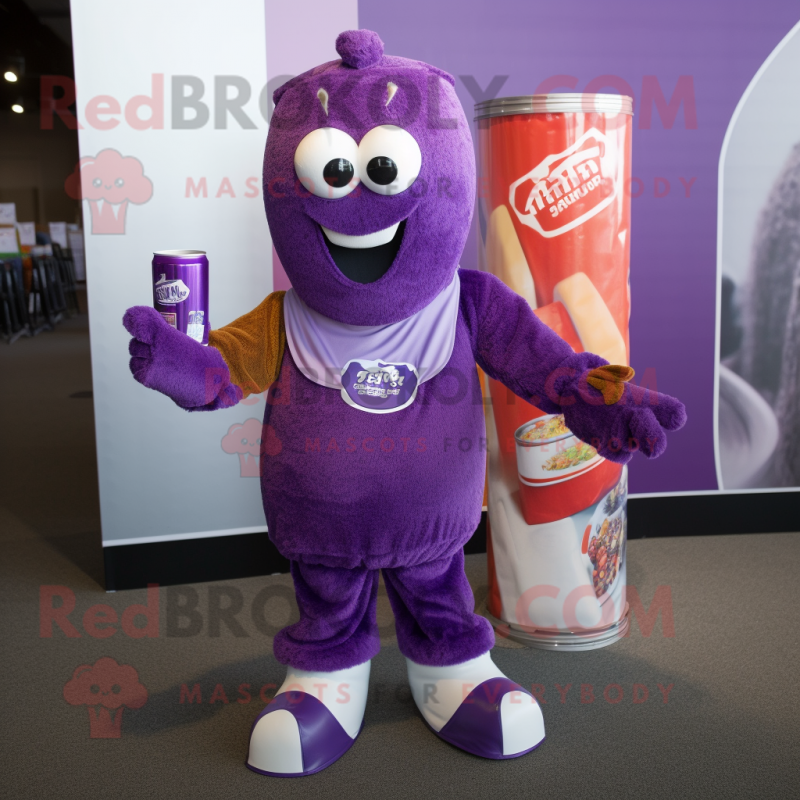 Purple Soda Can mascot costume character dressed with a Corduroy Pants and Scarf clips