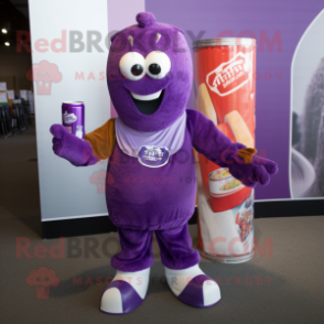 Purple Soda Can mascot costume character dressed with a Corduroy Pants and Scarf clips